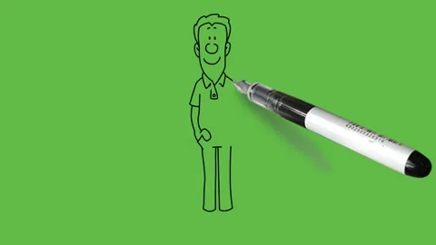 Draw man stand hold hands in pockets wear shirt, pant with black outline Vidéo 237373783