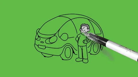Draw man stand near specific stylish car hold his hand on hip with black outline Stock Footage 253799754
