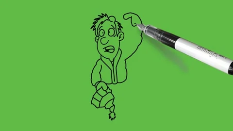 Draw man standing carry cap in right hand and keep left hand index finger upward Vidéo 289288250
