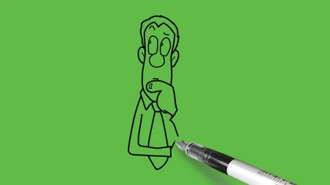 Draw man think deeply hold index finger on mouth support elbow with other hand Видео 237373769
