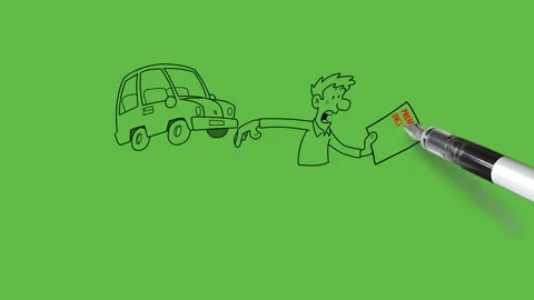 Draw man walking in front of car hold paper write PREMIUM INCREASE in red color Vidéo 252481790