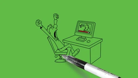 Draw man work on computer feel lazy taking yawn keep both arms with fist upside Stock Footage 288026228