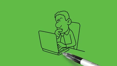 Draw man work on laptop hold right index finger on mouth and think with worried Видео 247399652