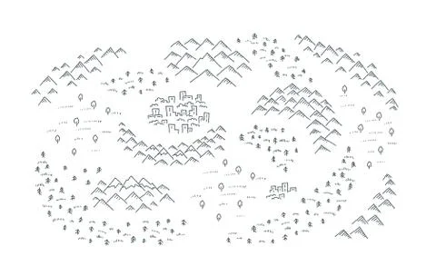 Draw map with mountains, forest and small town Stock Illustration