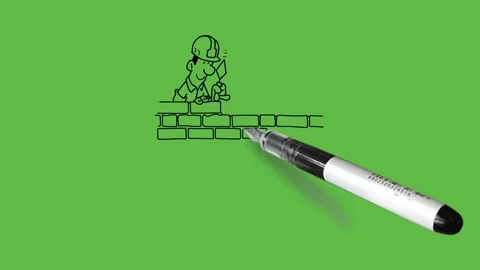 Draw mason man construct wall with brick, sand and his tools with black outline Vidéo 244796900