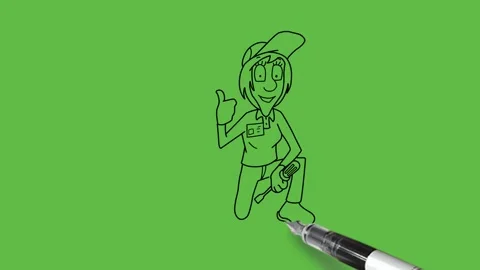 Draw mechanic kneel down hold screw driver, show thumb up upward with tool kit Video stock 249915056