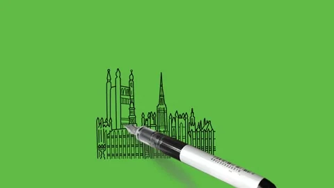 Draw multistory building hoist flag on top with black outline on green back Video stock 237374717