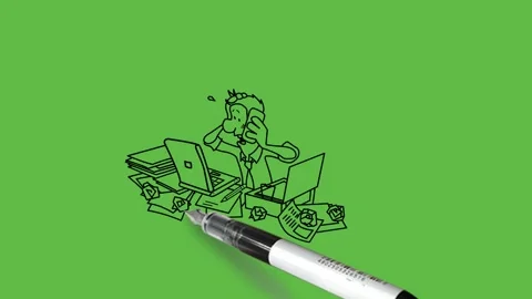 Draw office room, two men sit on chair doing work on computer with black outline 库存影片 283575284