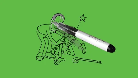 Draw old man fell down on floor and young man support him to stand up with black Vidéo 249914892