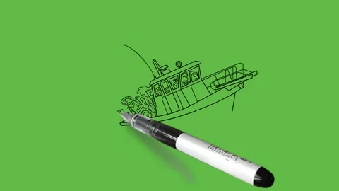 Draw passengers sit on a floating ship from left to right direction during rain Video stock 253799254