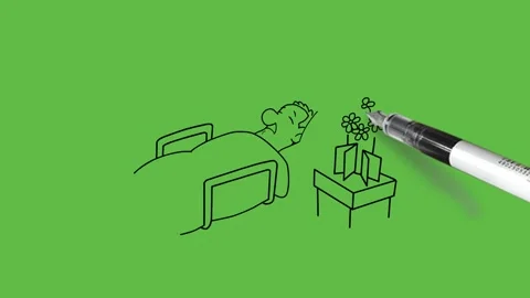Draw patient lay down on bed surrounded electric machine and flower pot Video stock 247399509
