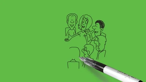 Draw people sitting on round table for gossip with black outline on green back Vidéo 236227751