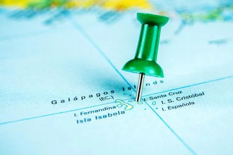 Draw-pin stick into real map, travelling to Galapagos island Stock Photos