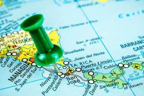 Draw-pin stick into real map, travelling to S Costarica Stock Photos