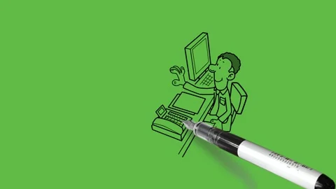 Draw receptionist sit on chair with computer, files and talk to old gentleman Video stock 301442362