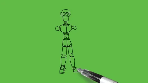 Draw robot man hold right arm straight down and pentagon shape blank board up Video stock 233272979