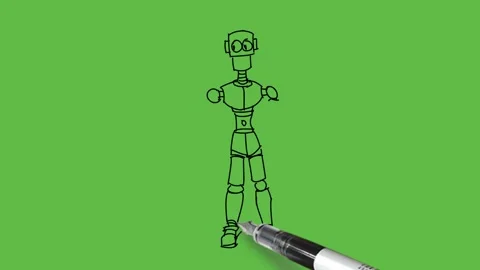 Draw robot man standing hear wi-fi connecting phone in right hand Vídeo Stock 233272957