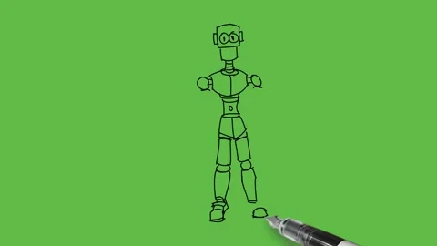Draw robot man standing hold tools and instruments in right hand Stock Footage 233272971