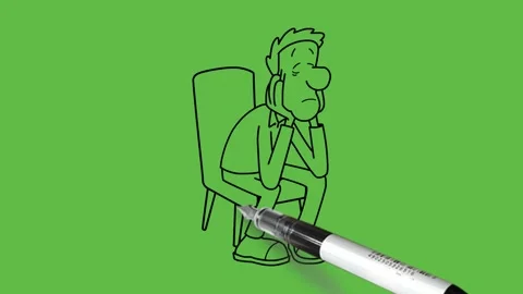 Draw sad man sit on grey colour chair keep both elbow on knees, hands on cheeks Video stock 287318527