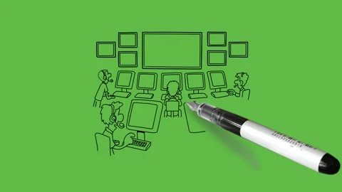 Draw scene of computer class where five learner sit on chair work on computers Stock Footage 237374701