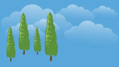 Draw scenery of conical tree in hilly area with flying bird and cloudy sky Video stock 316078744