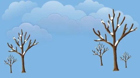 Draw scenery of leafless branch ice tree with snow and cloudy sky on blue back Video stock 315462329