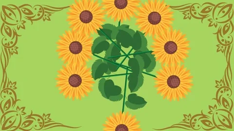 Draw scenery of various yellow sunflower decorate with golden frame on green Video stock 323310941