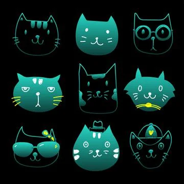 Draw set of cat face silhouette funny emotion Stock Illustration