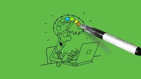 Draw sharp brain young technician sit on grey chair work on laptop wear shirt 库存影片 237373689