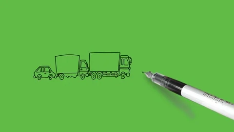 Draw six different vehicles run after one another in line with black outline Video stock 247399166