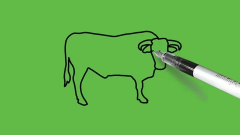 Draw standing buffalo in blue color with black outline on abstract green back 動画素材 220080998