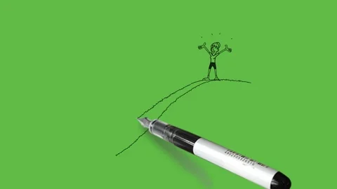 Draw standing man with open arms and hand on top of hill with black outline Vidéo 247399610