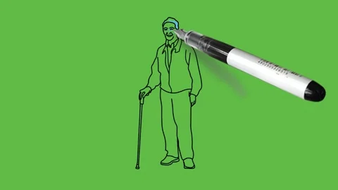 Draw standing old man with help of stick wear blue jacket, trouser and shoes Vidéo 219570960