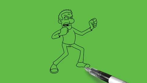 Draw standing strong man hold fists like boxer with black outline on green back Видео 252481710
