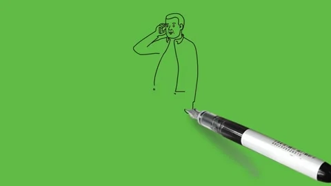 Draw standing young boy with spectacles talking on mobile wearing orange shirt, 動画素材 203967640