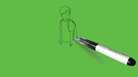 Draw standing young boy wearing t-shirt, maroon trouser hold bag on his back Video stock 167693403