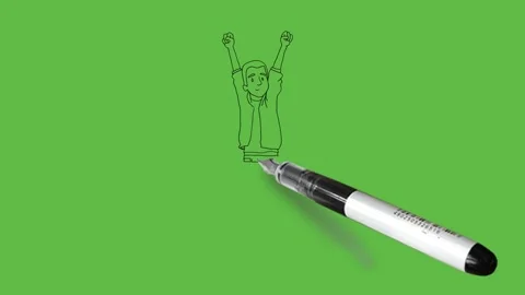 Draw standing young boy wearing green white t-shirt hold his both hands up Vidéo 167693880