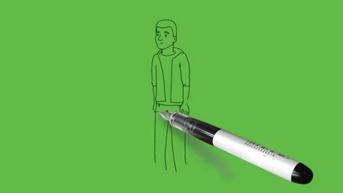 Draw standing young boy wearing white green t-shirt seeing straight front Video stock 167694046