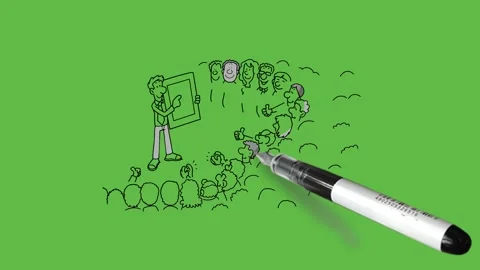 Draw standing young man hold rectangle board address group of people to see it Stock Footage 237373489