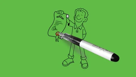 Draw standing young man hold document in right hand and keep left hand backside Video stock 247399826
