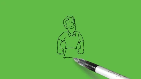 Draw standing young man hold straight arm with fist and bulb lighten above head Видео 251535223