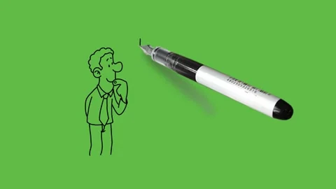 Draw standing young man hold right arm on back and left index finger on lips Видео 294188783