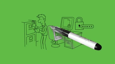 Draw standing young man open locked cabinet box with key place in his office Vidéo 251535988