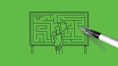 Draw standing young man of round nose think about puzzle game hang on board Video stock 236227969