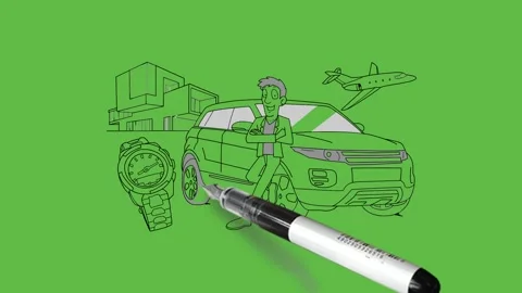 Draw standing young man with support of car outside house with wrist watch Video stock 247399549