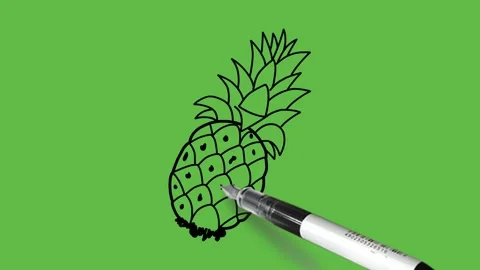 Draw sweet fruit pineapple with black outline on abstract green screen back Vidéo 296585840