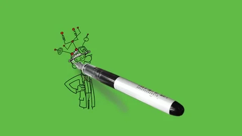 Draw technician doing some art work on board with black outline on green back Видео 244795833