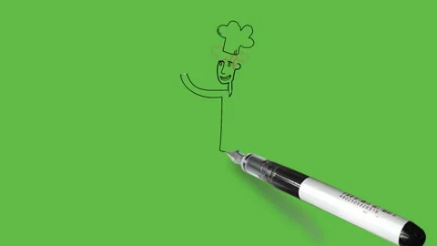 Draw thin young boy chef hold his open right arm forward with upside palm Video stock 222550184