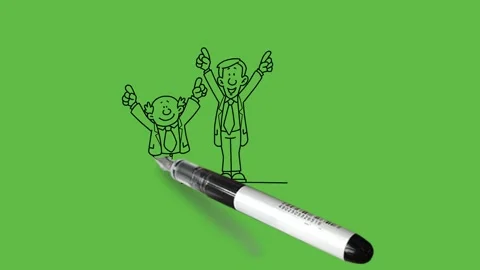 Draw three man stand on first position at winner stag happily hold open arm Video stock 247399263