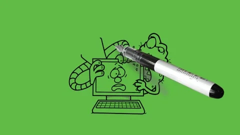 Draw two character young man see behind working computer with black outline Видео 253800268